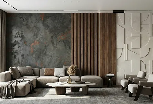 Modern living room with textured concrete wall, wooden slats, and three-dimensional geometric decor