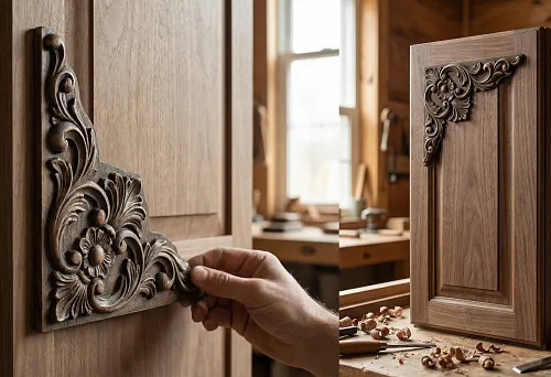 Wooden figured layout decor: the master applies a carved corner element to the facade, with a three-dimensional ornament and dark wood tinting
