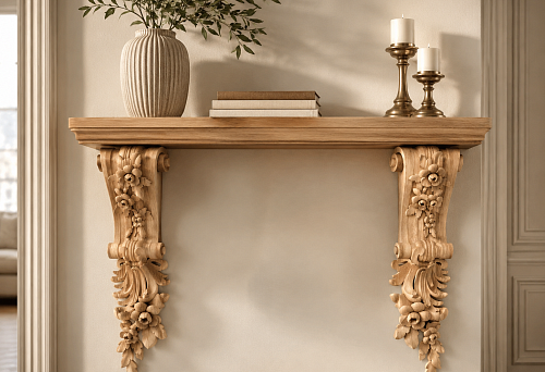 Wooden shelf bracket to buy: how to choose paired carved brackets KR-017L/R for a symmetrical shelf, portal or decorative console