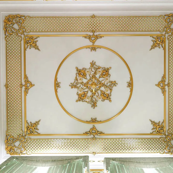 Carved tip for molding N-364.1R in the design of a classic ceiling panel with moldings and carved decor