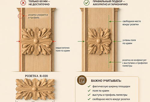 Wooden rosette R-020 on a narrow pilaster with full-dimension verification of the carved ornament