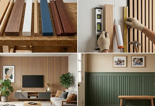 Wooden slats for the wall: samples of slats of different species and colors for choosing finishes and decor
