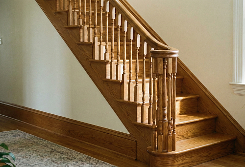 Wooden balusters and stair railings combined with wooden floor skirting, forming a single line of wood between floors.