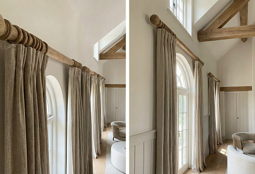 Wooden curtain rod from round moldings: selection and installation of wooden elements, level control, clean interior geometry.