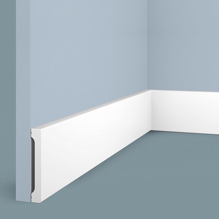 B90V1 floor skirting board from polystyrene HI WOOD, 90 mm high and 14 mm thick, with elegant decorative molded relief in white color