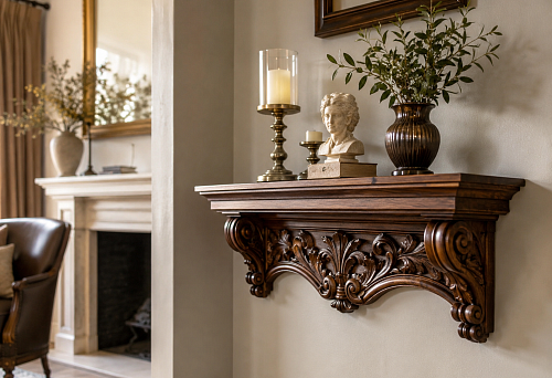 Carved wooden wall shelf for a living room in a classic interior