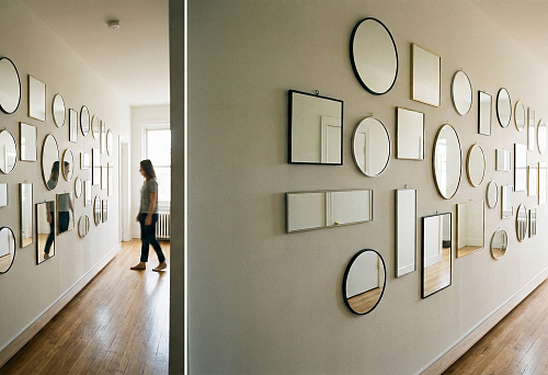 Mirror gallery in the hallway: many small mirrors in narrow frames on the wall and a thin white baseboard along the floor