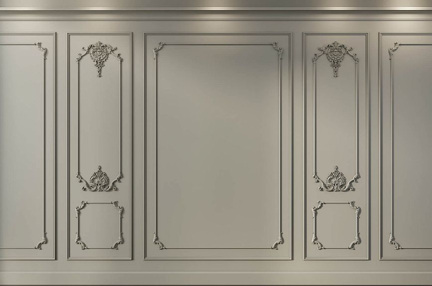 The idea of decorating Tsarskoye Selo wall panels INTPU-038 with moldings, decorative frames, and stucco overlays