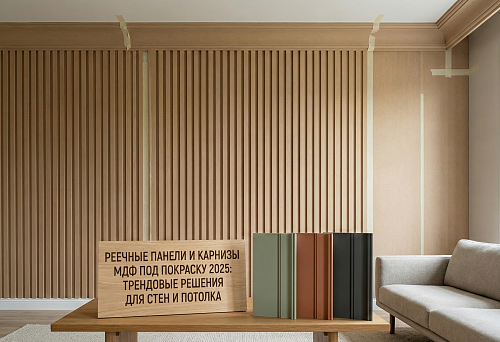 Modern interior with MDF slatted panels and large cornice for painting; in the foreground are samples of painted profiles and a sign with text about 2025 trendy solutions
