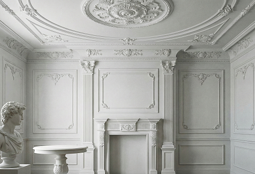 Classic interior with polyurethane stucco: ceiling rosette, cornices and moldings, wall panels, and decorative fireplace portal in white