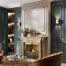 Set of stucco decor CPU-15-2 Pavlovsk in a living room interior with a fireplace
