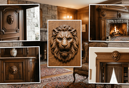 Lion mascaron for furniture, door portal, and fireplace area