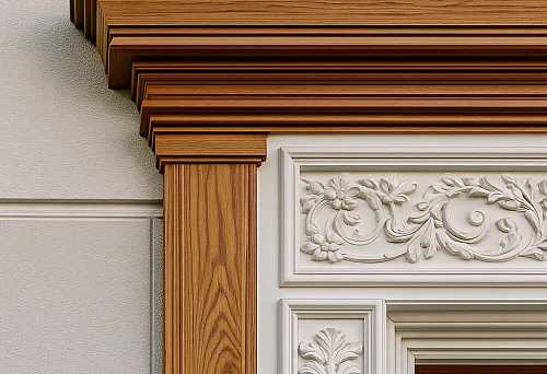Wooden facade with cornice and polyurethane stucco