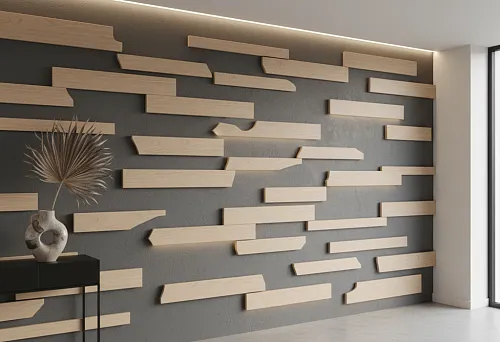 Modern wall with decorative solid beech slats on a gray background
