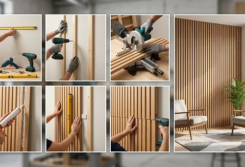 Marking the wall before installing slat panels with a tape measure, level, and tool