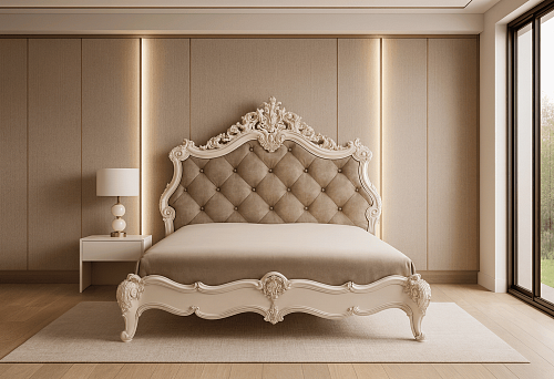 Italian solid wood furniture &mdash; a bed with carved headboard in premium-class interiors