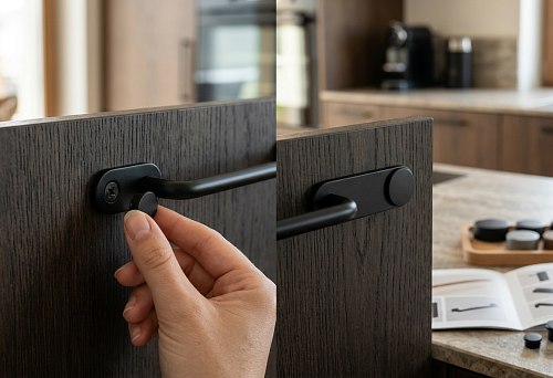 Decorative plugs for furniture handles on a clean facade