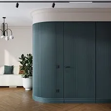 Slatted panel PAN-002 in a lounge area interior, green wall panel with a wavy top