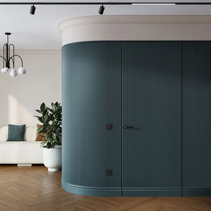 Slatted panel PAN-002 in a lounge area interior, green wall panel with a wavy top