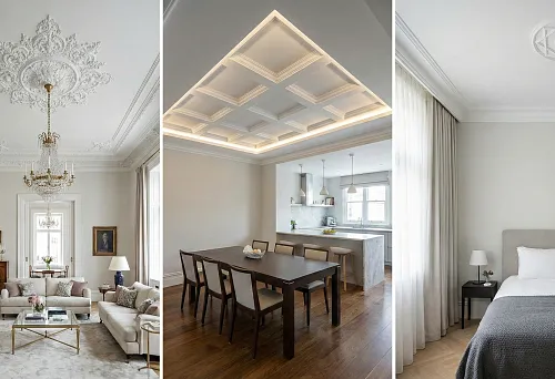 Polyurethane ceiling molding in the living room: classic cornice and rich ceiling rosette under the chandelier, accent on the center of the room