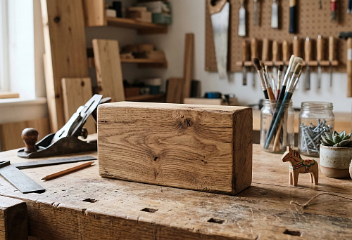 A wooden block on a carpenter's workbench: wood texture, smooth edges, and natural grain