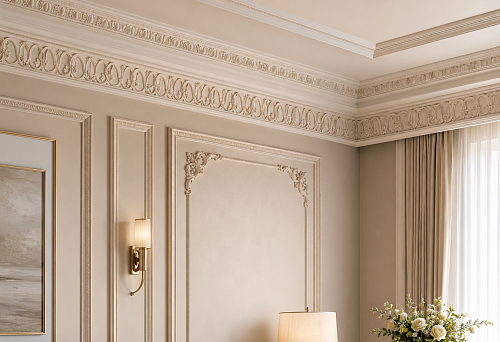 Cornice stucco molding with ornament from polyurethane STAVROS in the interior