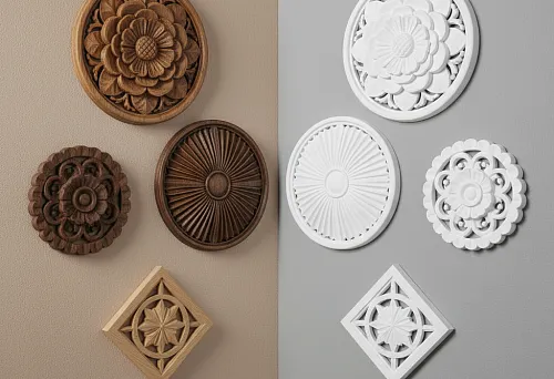 Comparison of wooden and polyurethane rosettes on contrasting walls