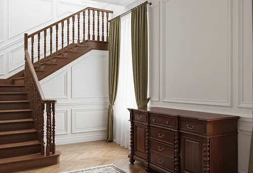 Solid wood cabinet furniture with turned wooden supports repeating the shape of staircase balusters &mdash; an example of the architectural connection between furniture and a flight of stairs in a classic interior