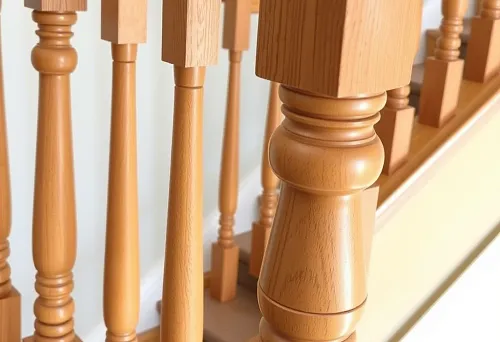 Wooden balusters for stair railings in various shapes and sizes, example of installation and variety of constructions