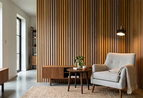 Wooden slatted panels on a wall in a modern living room interior