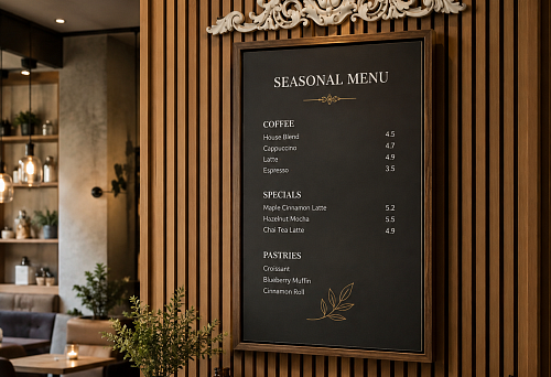 Removable menu board on the cafe's slatted wall with decorative overlay NPU-160