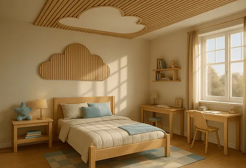 Bedroom with decorative MDF oak rails in cloud shape on the wall