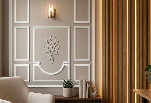Stucco decor and wooden slats for a wall for video calls and content: how to design a beautiful background