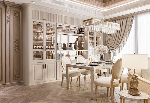 Modern dining room interior with classic furniture and decor