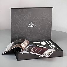 Showcase of molded decor SOPU-001 STAVROS with branded box, catalog and polyurethane samples