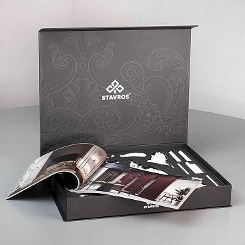Showcase of molded decor SOPU-001 STAVROS with branded box, catalog and polyurethane samples