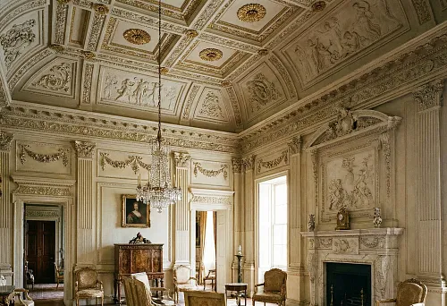 Interior with Rich Moldings on Ceiling and Walls in Tactile Maximalism Style