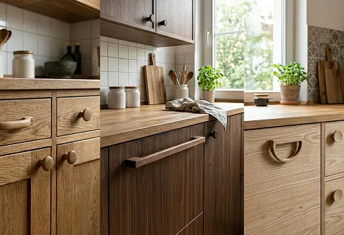 Wooden handles for kitchen: bracket and knob on solid wood fronts in interior with wooden countertop