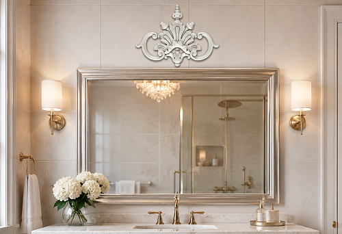 The bathroom is already tiled: can a carved polyurethane overlay NPU-244 be glued above the mirror without drilling?