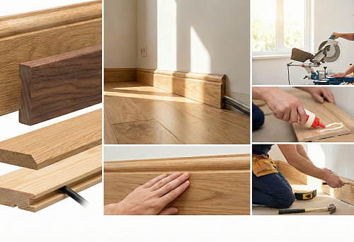 Solid wood floor skirting board: profiles and sections, oak and beech