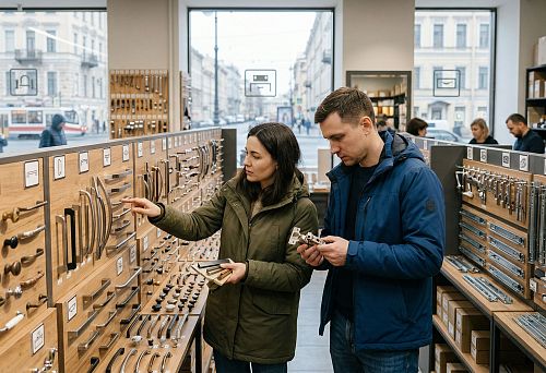 Furniture fittings in a store with a large selection of components