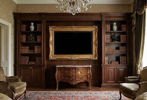 TV zone in a classic interior with a TV in a gilded frame, built-in bookcases, a chest of drawers, and a crystal chandelier