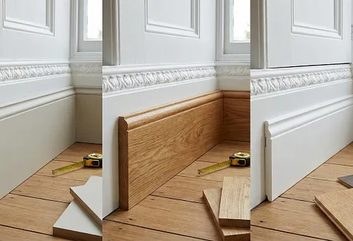Baseboard for wooden floors: comparison of MDF, solid wood, and polystyrene in an interior