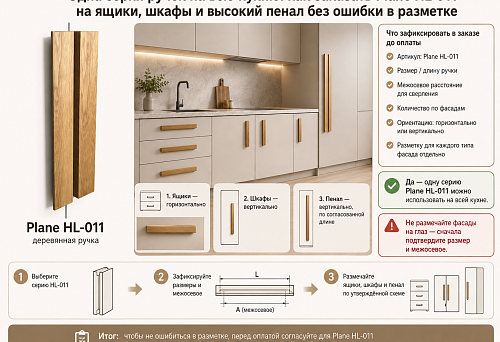 Furniture handles Plane HL-011 on drawers, cabinets, and a tall cabinet of one kitchen