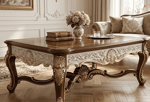 Classic coffee table: wooden legs and polyurethane molding