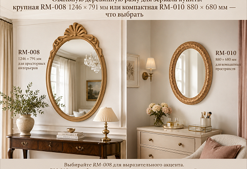 Oval wooden mirror frames RM-008 measuring 1246 &times; 791 mm and RM-010 measuring 880 &times; 680 mm
