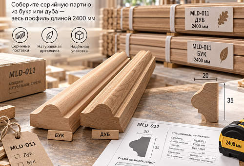 MLD-011 moulding in beech and oak, 2400 mm long