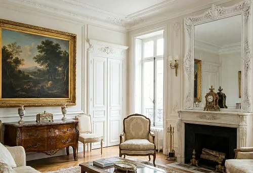 Polyurethane baguette in a classic interior: framing a painting and mirror above the fireplace