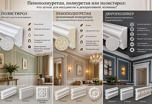 Polyurethane foam, polyurethane and polystyrene &mdash; a comparison of mouldings and decorative stucco for walls and ceilings