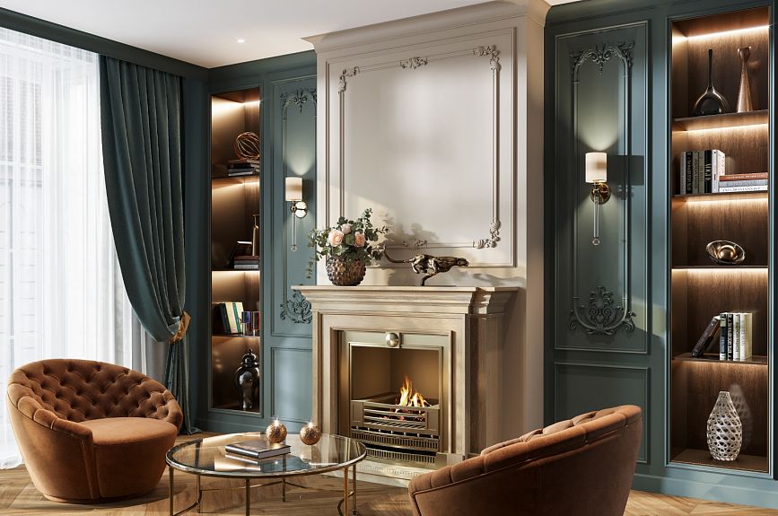 Idea for decorating wall panels Pavlovsk INTPU-041 with a fireplace, green panels, moldings, and stucco decor